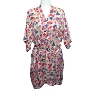 Vintage Silx 100% Silk Robe Women's L Pink Purple Floral Kimono